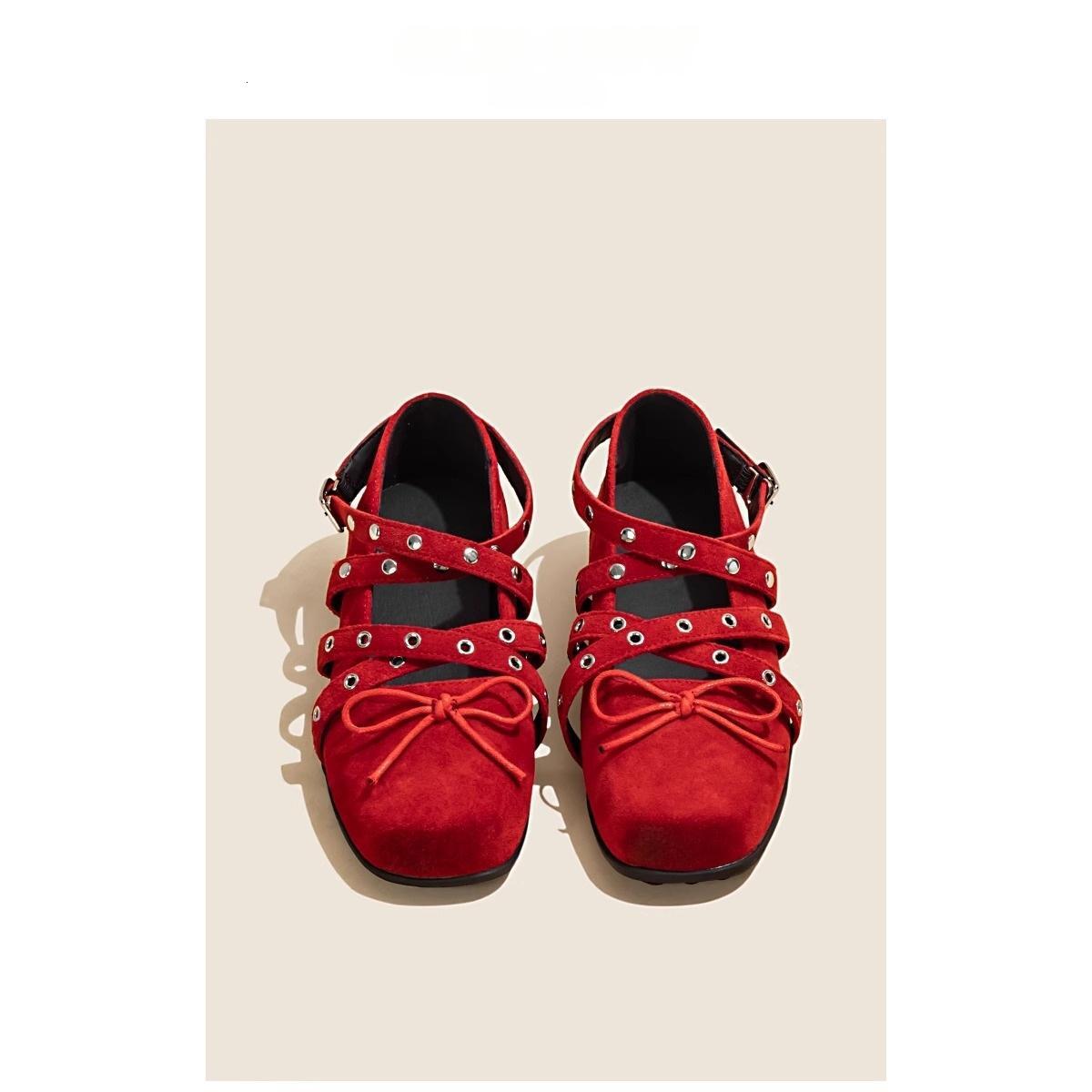 Ddmysheep Ddmysheep Red Cross Strap Bowknot Small Single Shoes For Women Spring New Shallow Mouth Rivet Ballet Flats