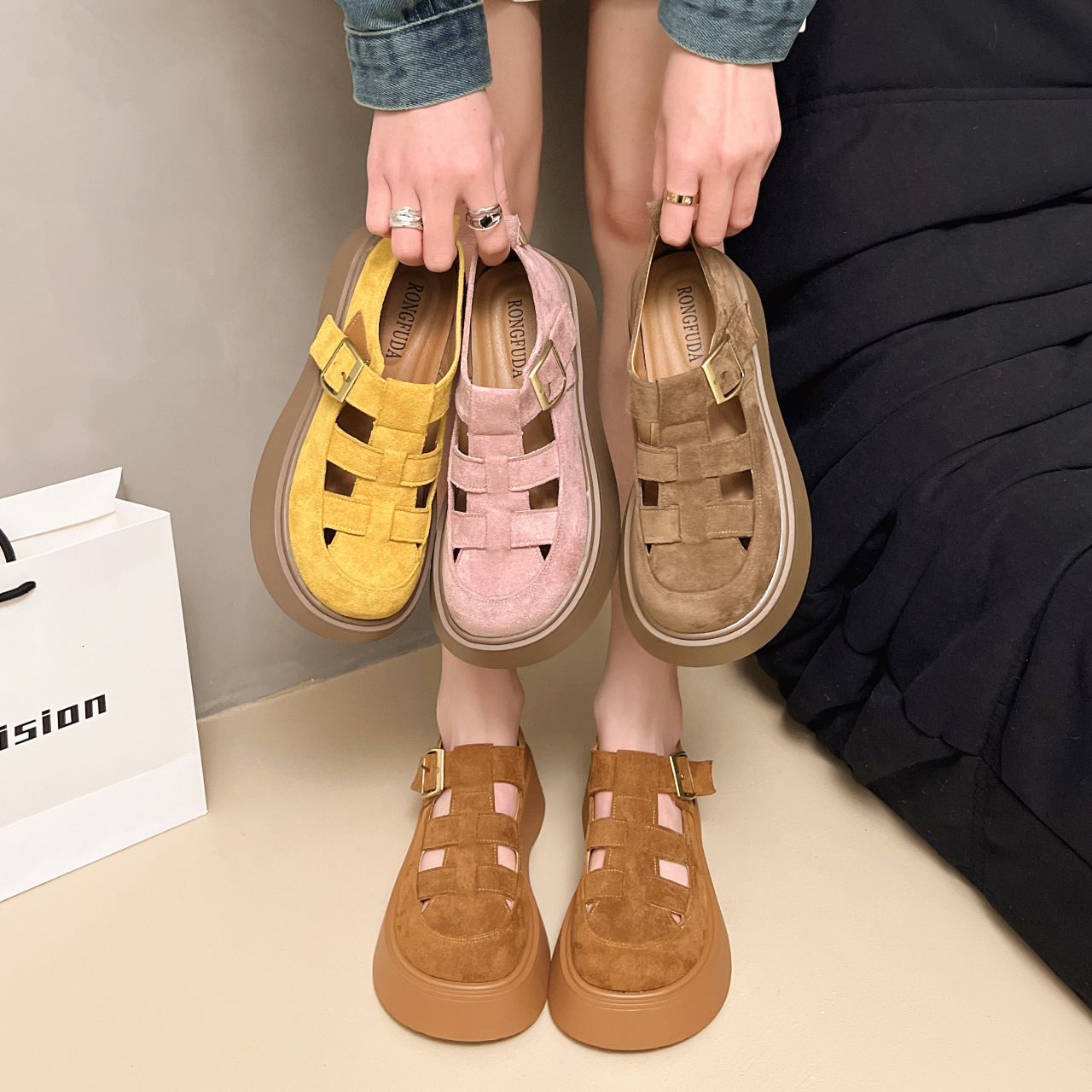 Ddmyoutdoor Summer New Thick Soled Woven Bag Sandals Korean Mid Heel Single Hollow Solid Color Fashion Leather Shoes For Women Outdoor Shoes