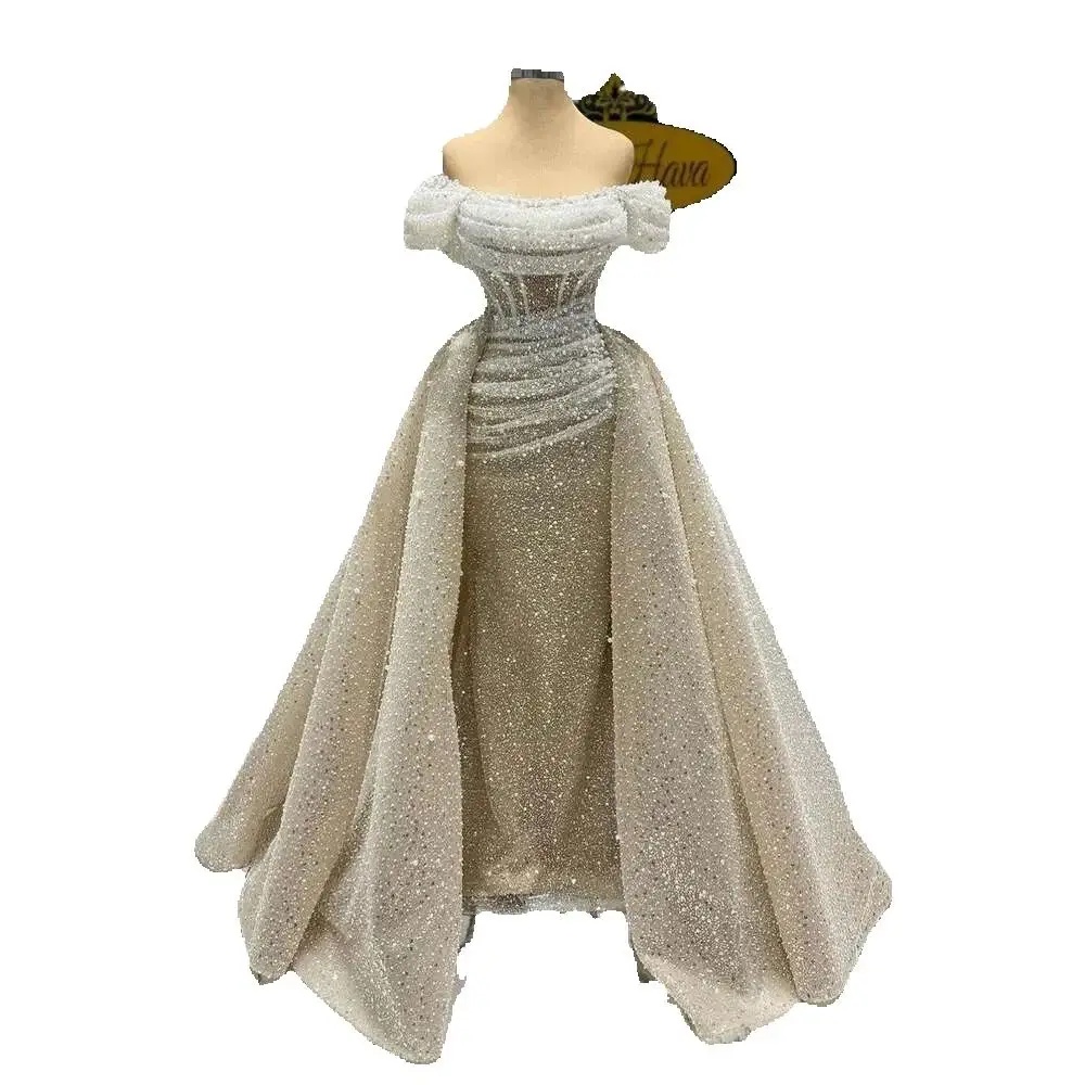 Elegant Sequins Lace Evening Dress Pearls Prom Gowns With Detachable Off Shoulder Princess Party Dresses Customized