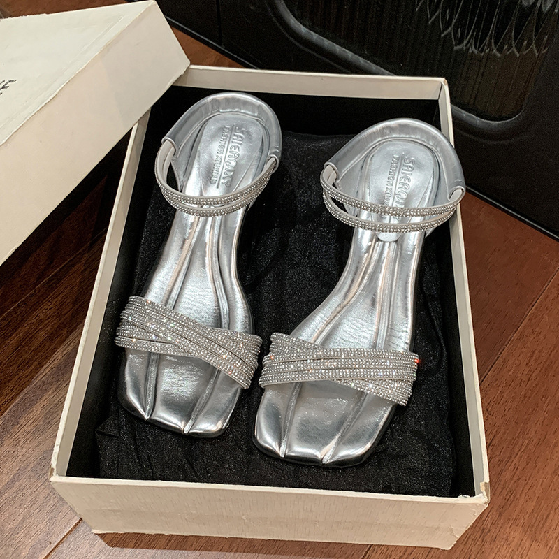 Ddmyoutdoor Fairy Style French Rhinestone One Strap Square Toe For Women Summer Outdoor Thin Heel High Heels Elegant Open Sandals Outdoor Shoes