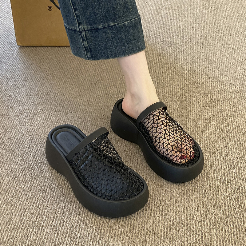 Ddmyoutdoor Wedge High Heel Fishnet Hollow Out Closed Toe Mules Women S Shoes Outdoor Summer Internet Celebrity Thick Sole Sandals Outdoor Shoes