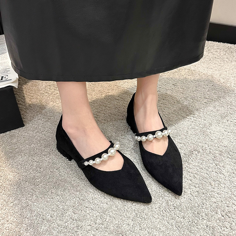 Ddmyoutdoor French Style Mary Jane For Women Spring Summer New Pearl Strap Pointed Toe Dress Shallow Mouth Single Shoes Outdoor Shoes