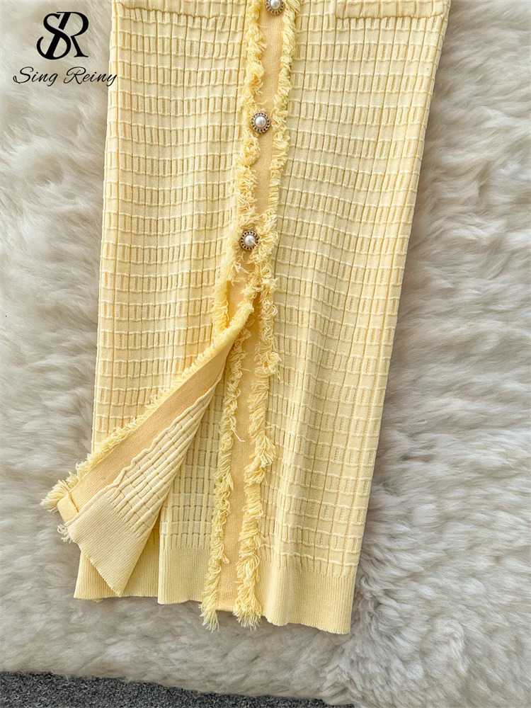 SINGREINY Workwear Elastic Knitted Dress Women Short Sleeves Single Breasted Summer Korean Vintage Split LongDress 250613