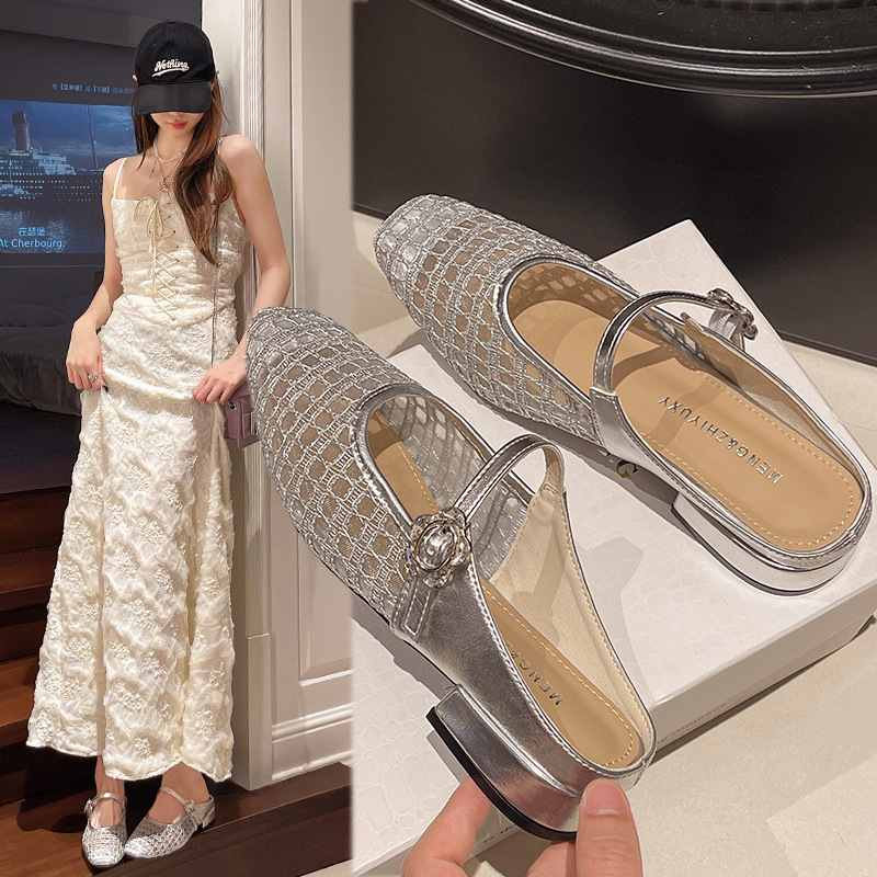 Ddmyoutdoor Super French Hollow Woven One Strap Chunky Single For Women Spring Summer Faux Square Toe Soft Leather Low Heel Mary Jane Shoes Outdoor Sh