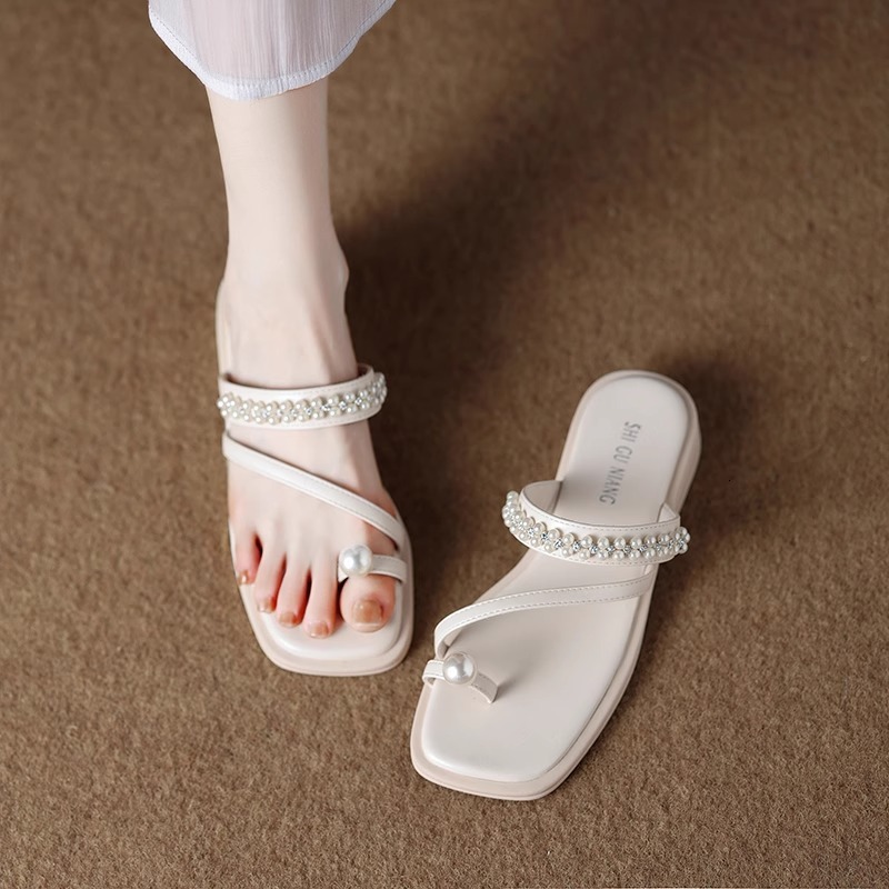Ddmysports Pearl For Women Outdoor Summer New French Style Flat Sandals Fashion Versatile Toe Post Beach Half Slippers Outdoor Shoes