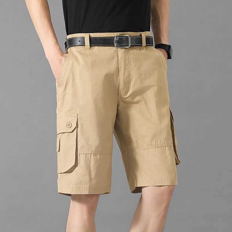Summer Safari Style Casual Shorts Men Cotton Solid Color Multiple Pockets Cargo Shorts Mens Daily Loose Knee Length Plus Size W250614
