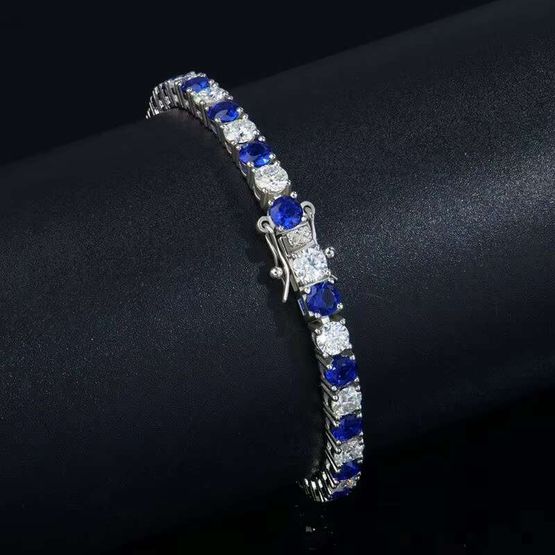 Premium Jewelry 925 Sterling Silver Rhodium Plated Round Nano #597 Sapphire Blue and Moissanite Tennis Chain Bracelet for Men