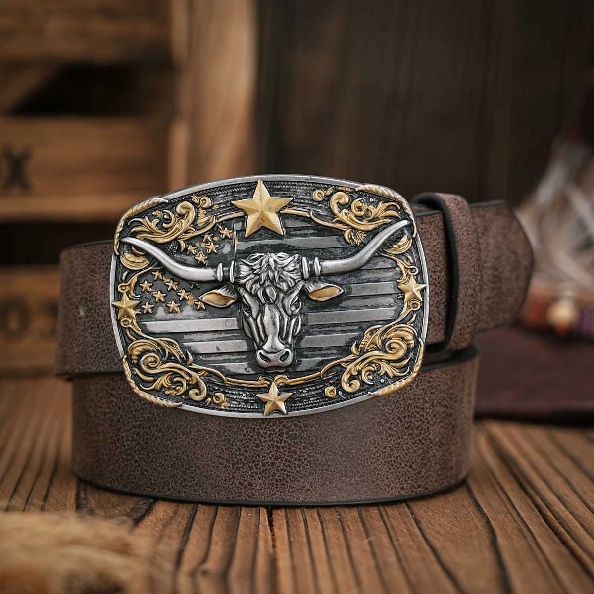 Men - Wen - Western Denim - pu leather - Belt - Vintage jeans with floral carved buckle belt X250614