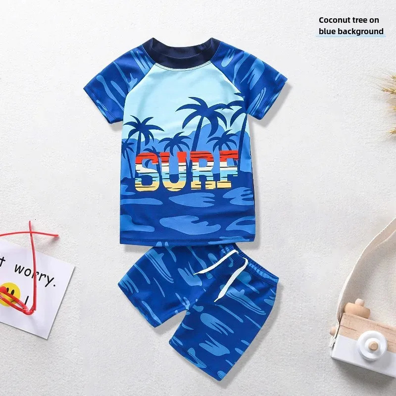 Factory Direct Boys Swimsuit Summer Short Sleeves Cartoon Boys Childrens Two-piece Suit Swimming Cap Swimming Briefs 250614