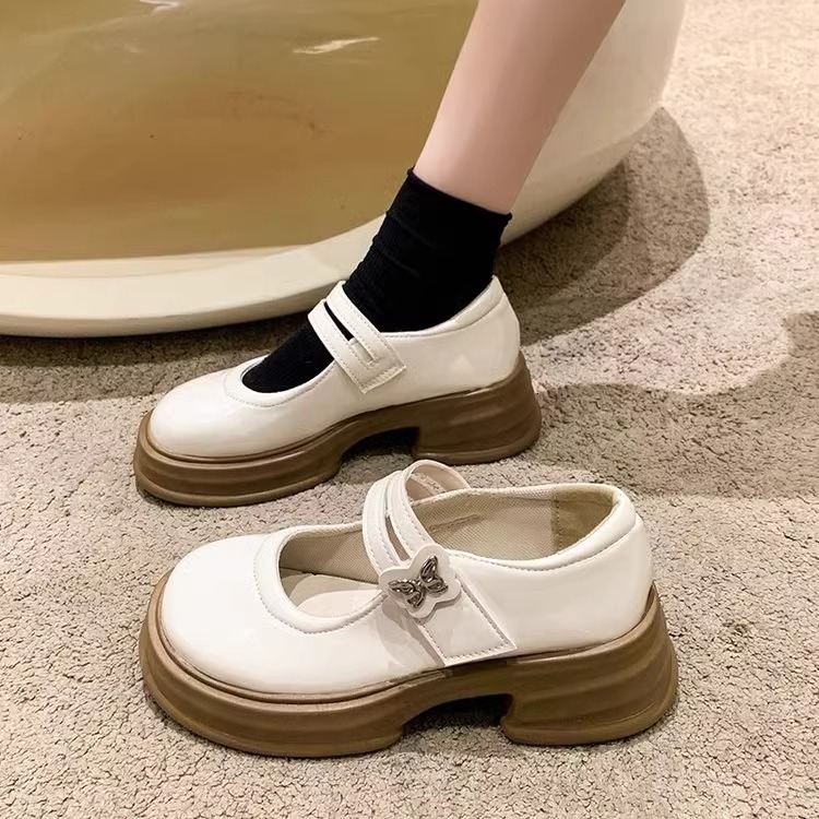 Ddmysports White Pearl Small Leather For Women Summer Shallow Mouth Versatile College Style Thick Sole Round Toe Mary Jane Shoes Outdoor Shoes