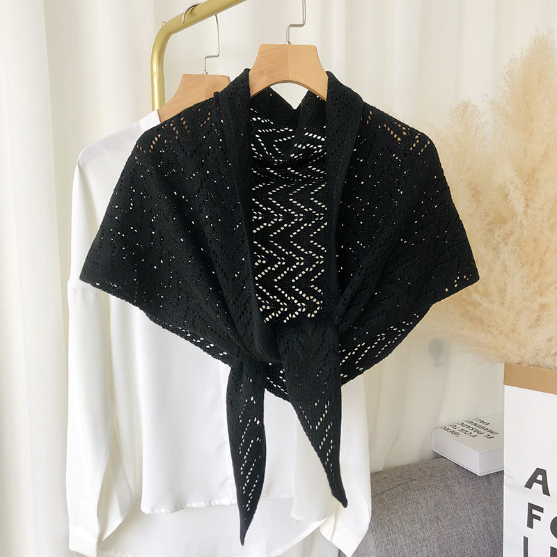K1082 Japanese and Korean new striped hollow shawl sun protection warm solid color triangle scarf versatile decorative cloak split large scarf