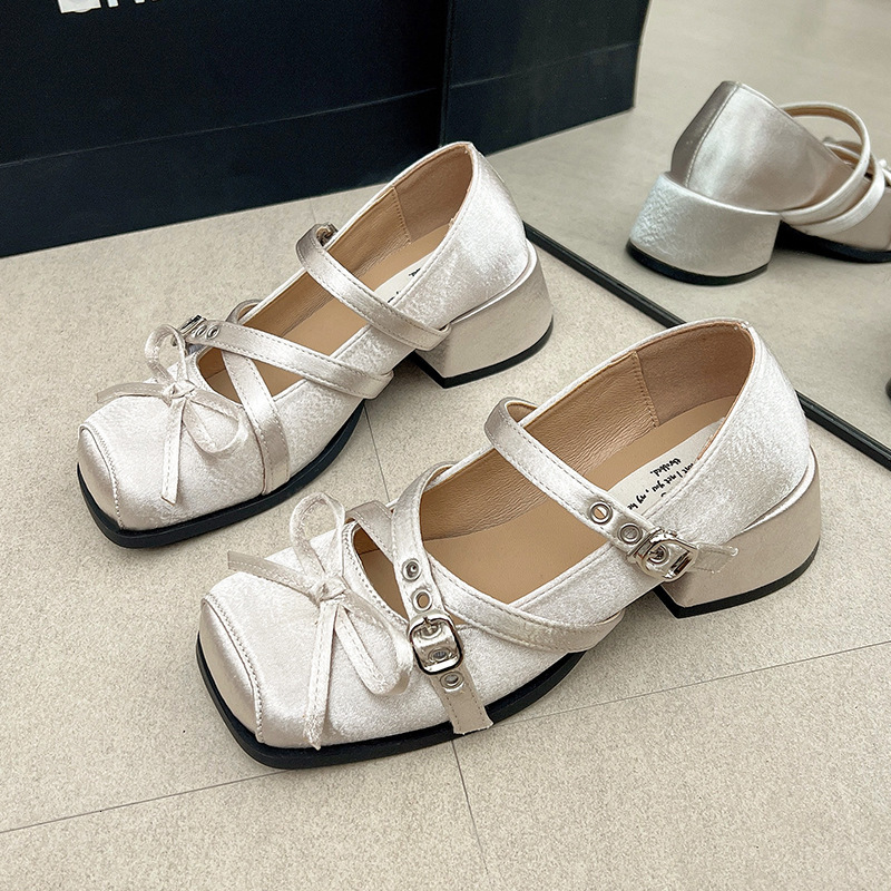 Ddmyoutdoor Chunky Mid Heel French Square Toe Bowknot Mary Jane For Women To Match Skirts Spring New Single Shoes Outdoor Shoes