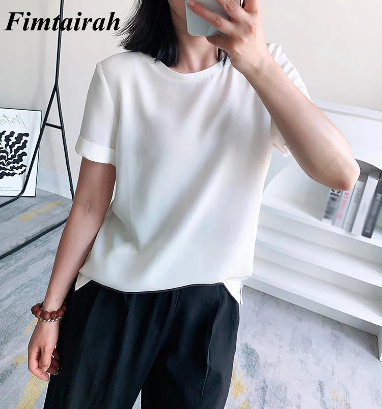 Fimtairah 6A 100% Full 32MM Not See Through 100% Mulberry Silk Top Blouse Summer Round Neck Short sleeve T-shirt woman 250609