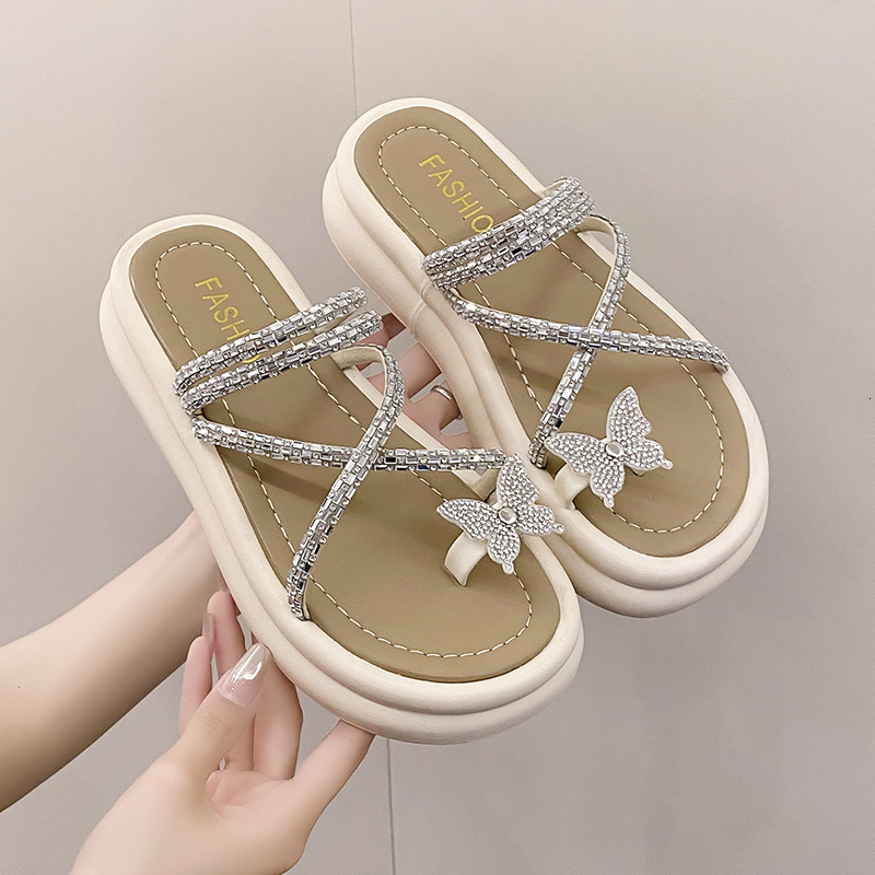 Ddmyoutdoor Thick Soled Women S Summer Outdoor Slippers New Style With Shiny Rhinestones Cross Straps Butterfly Toe Ring Roman Sandals Outdoor Shoes