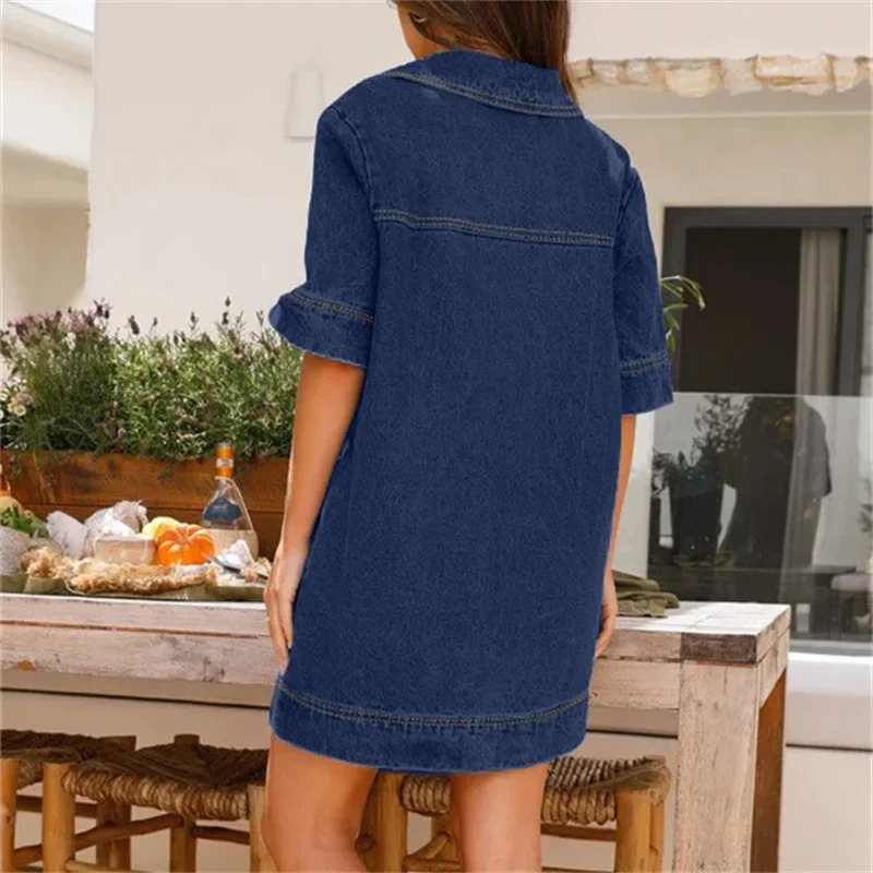 Summer Thin Double Pockets Patchwork Denim Dress Women Daily Casual Gown Female Lapel Deep V-Neck Half Sleeve Loose Dresses 250609