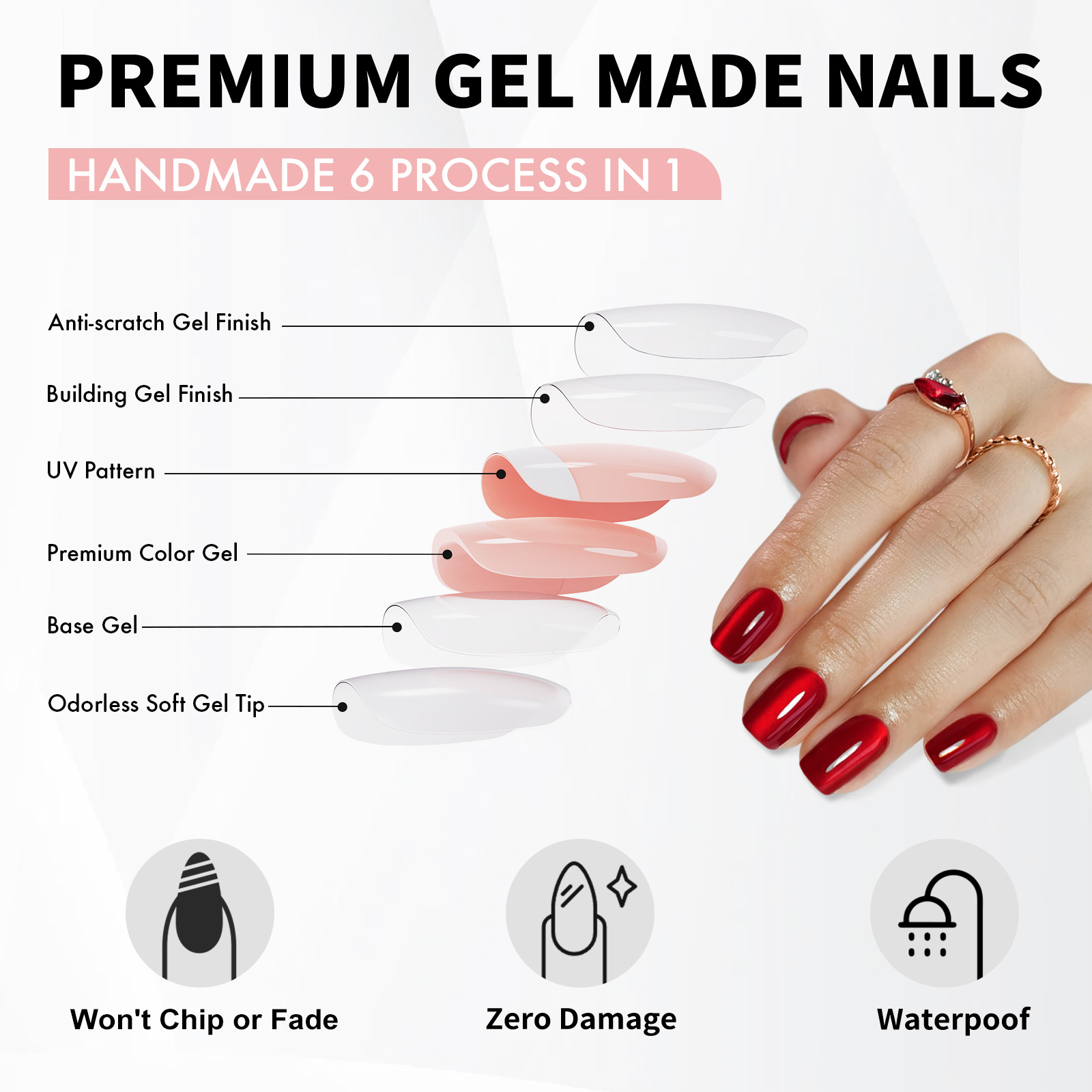 Elegant Squared Edge Red Cats-eye Artificial Finger Extensions | Long-wearing Gel-Like Stick-On Claws with Professional Strength Bond Variety Pack Siz