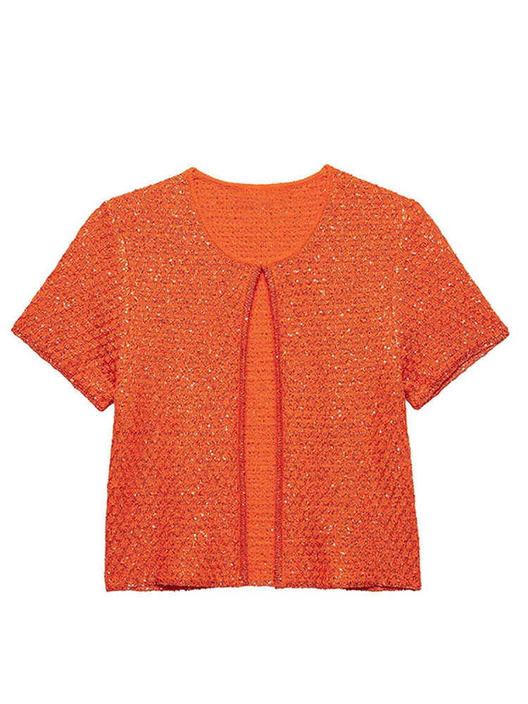 Elegant Sequined Orange Cardigans Women Y2k Oneck Short Sleeve One Button Female Tops Street Summer Lady Chic Knitwear 250612