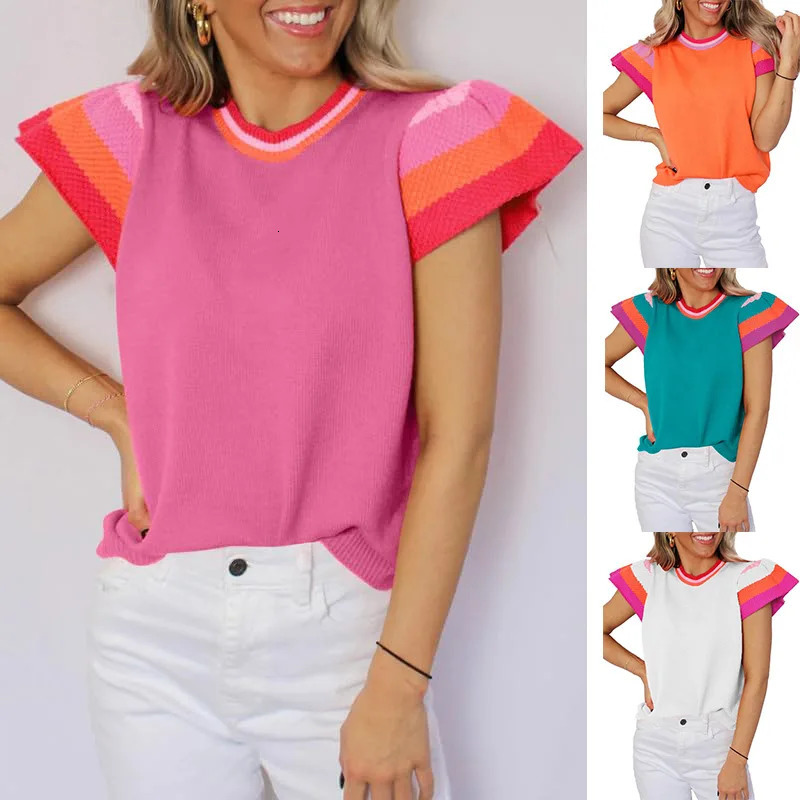 SpringSummer Round Neck Knitted Top Color Contrasting Sweet Short Sleeve Sweater for Women 250612