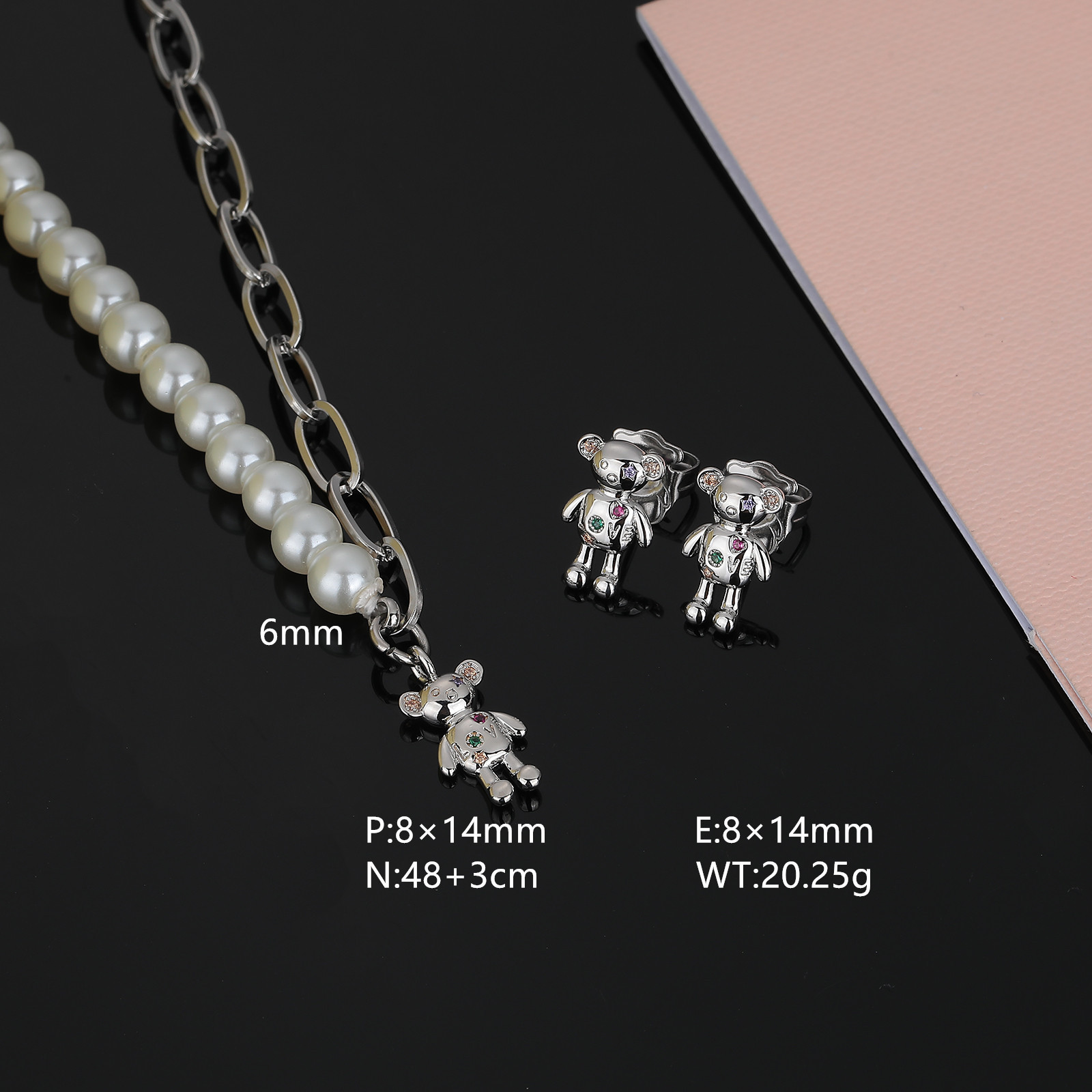New Arrival Fashion Women Men Silver Rose Gold Stainless Steel Copper Bear Cartoon White Zircon Pendant Necklace Stud Earrings Sets Jewelry