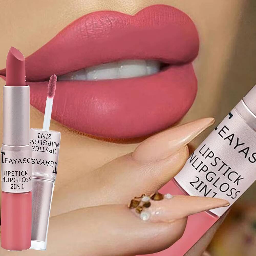 Dual-Ended Matte Lip Gloss Non-Stick Cup 2-in-1 Velvet Finish Lipstick Long-Lasting Smudge-Proof Nude Pink Lips Korean Makeup happy