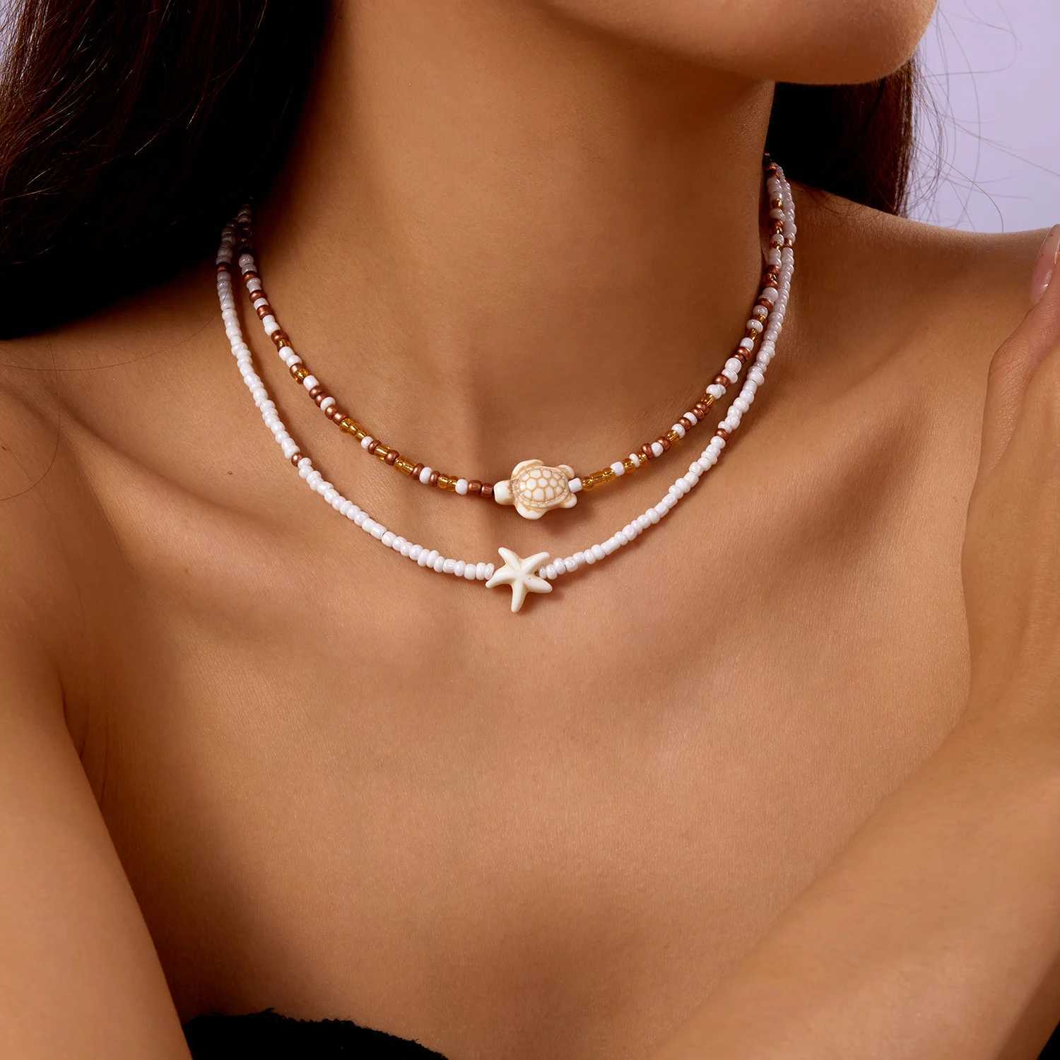 Bohemian Starfish Shell Rice Beads Necklace for Women Handmade Strand Beaded Choker Short Neck Chain Jewelry Summer Accessory Z250614