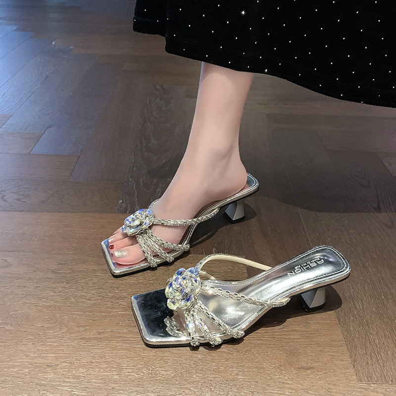 Ddmyoutdoor Summer New French Fairy Style Fashion Rhinestone Strip One Shoe Two Wear Versatile Stiletto Heel Sandals Outdoor Shoes