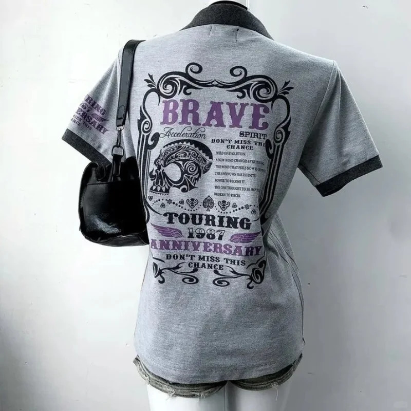 Y2K Harajuku Millennium Dressing Slim Womens Top American Retro Grey Printed Polo Neck Short Sleeve T-shirt Street Style 250614