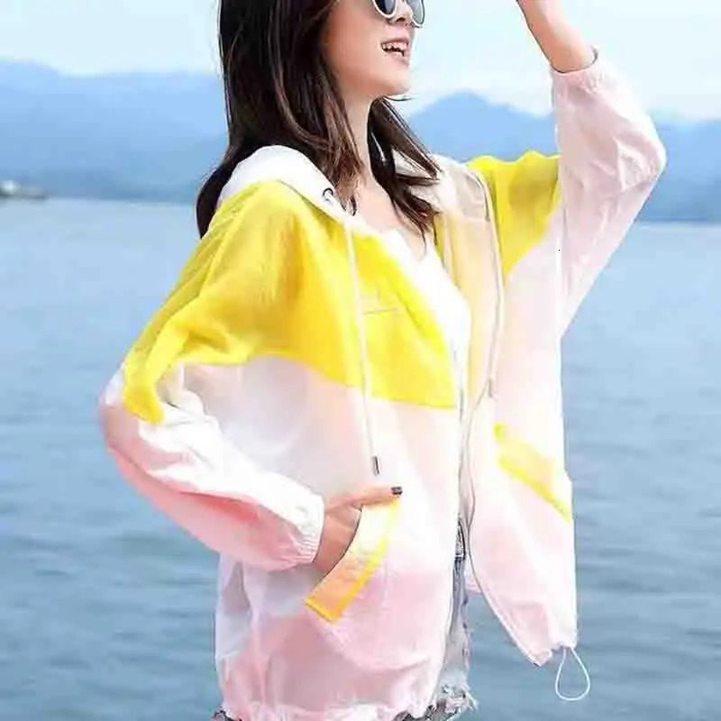 Korean Summer Female Hooded Splicing Long Sleeved Sun Protection Coat Women Students Loose Fitting Sunscreen Jacket 250611