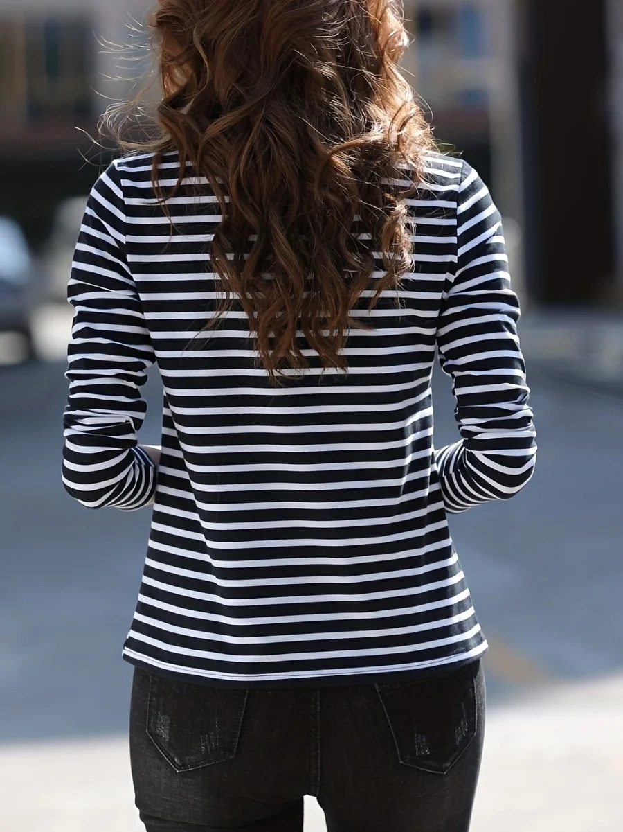 Womens striped pattern solid color lapel n long-sleeved POLO shirt casual daily knitted top machine washable not dry 250609