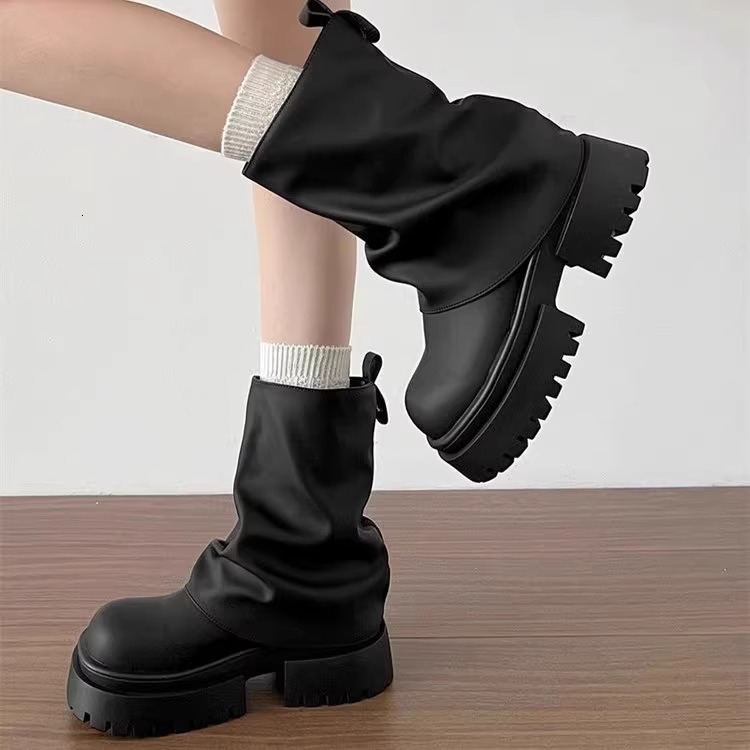 Ddmysports Black Martin For Women New Autumn British Style Tube Thick Sole Height Increasing Knight Slouch Boots Outdoor Shoes