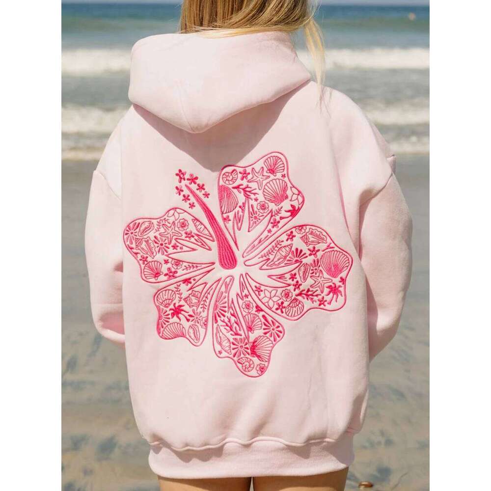 Women s Floral Embroidered Long Sleeve Beach Hoodie Oversized Sweatshirt Casual Streetwear Pullover Top