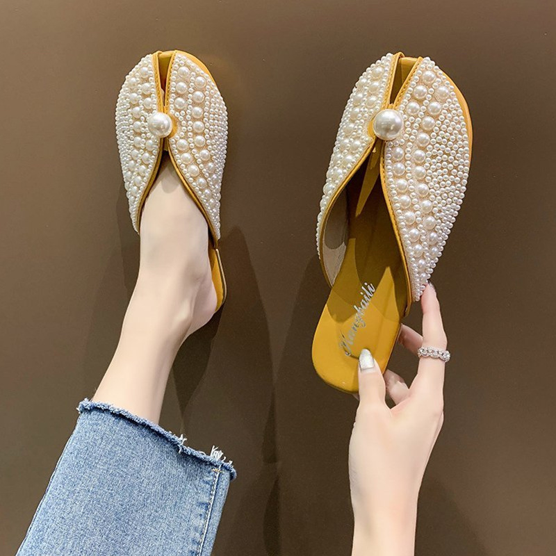 Ddmyoutdoor Baotou Half Slippers For Women Summer Outdoor New Korean Pearl Fairy Style Flat Soft Sole Lazy Sandals Outdoor Shoes
