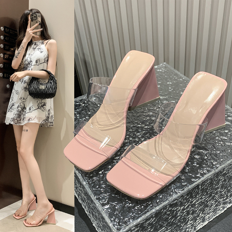 Ddmyoutdoor Fairy Style Transparent Heels Summer New One Strap High Slippers Crystal Chunky Heel Sandals For Women Outdoor Shoes