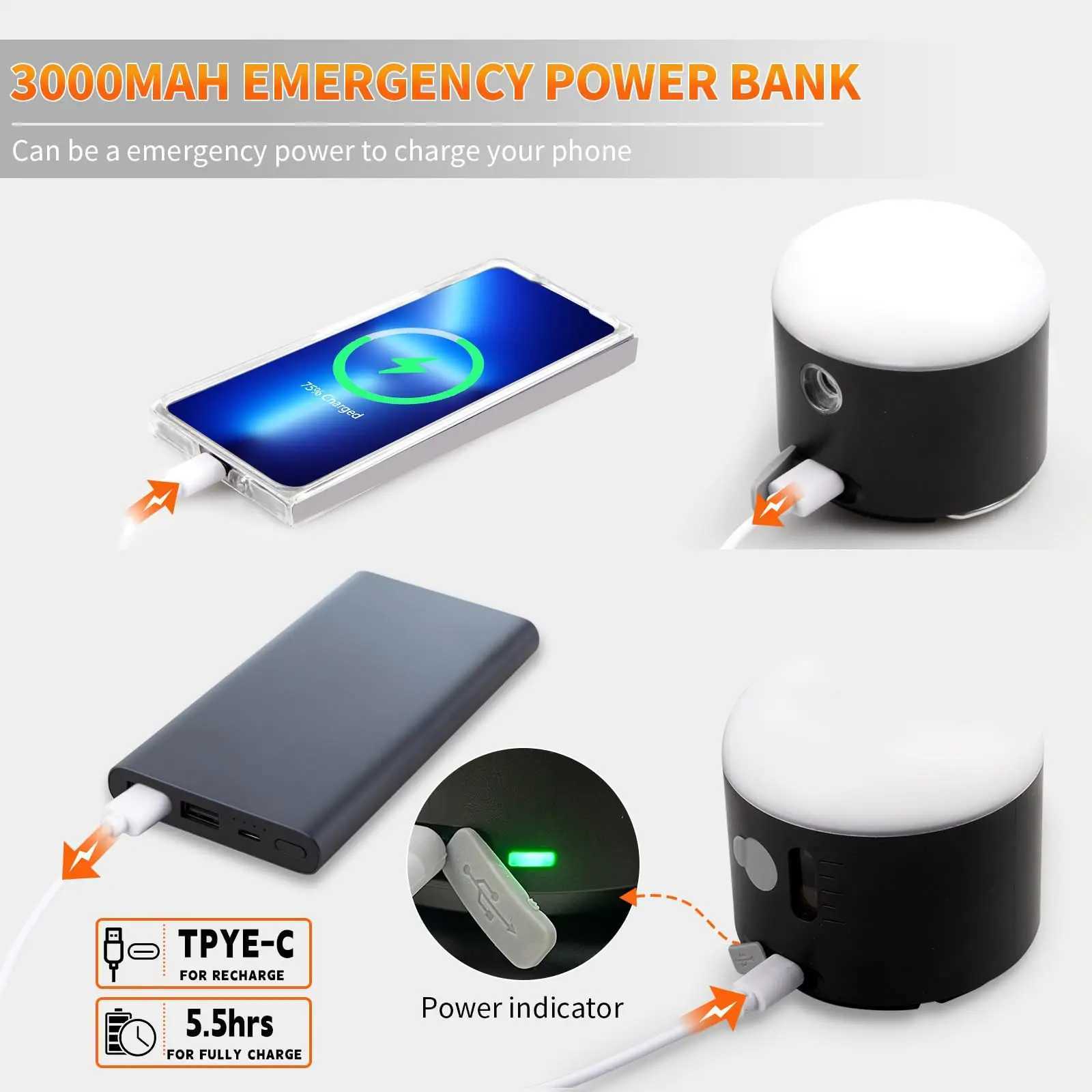 LED Camping Lantern Rechargeable 3000mAh Camping Tent Light with Fan 4 Light Modes Spray Function Mini Light with Magnetic B W250613