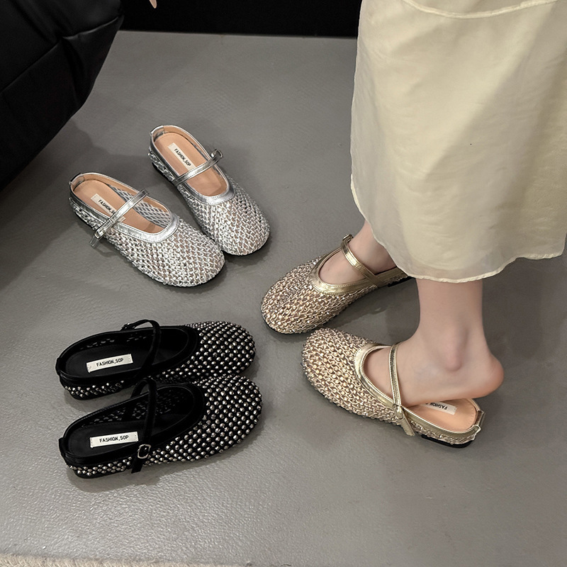 Ddmyoutdoor French Style Open Strap Half Slippers For Women Summer New Hollow Round Toe Flat Shallow Mouth Sandals Outdoor Shoes