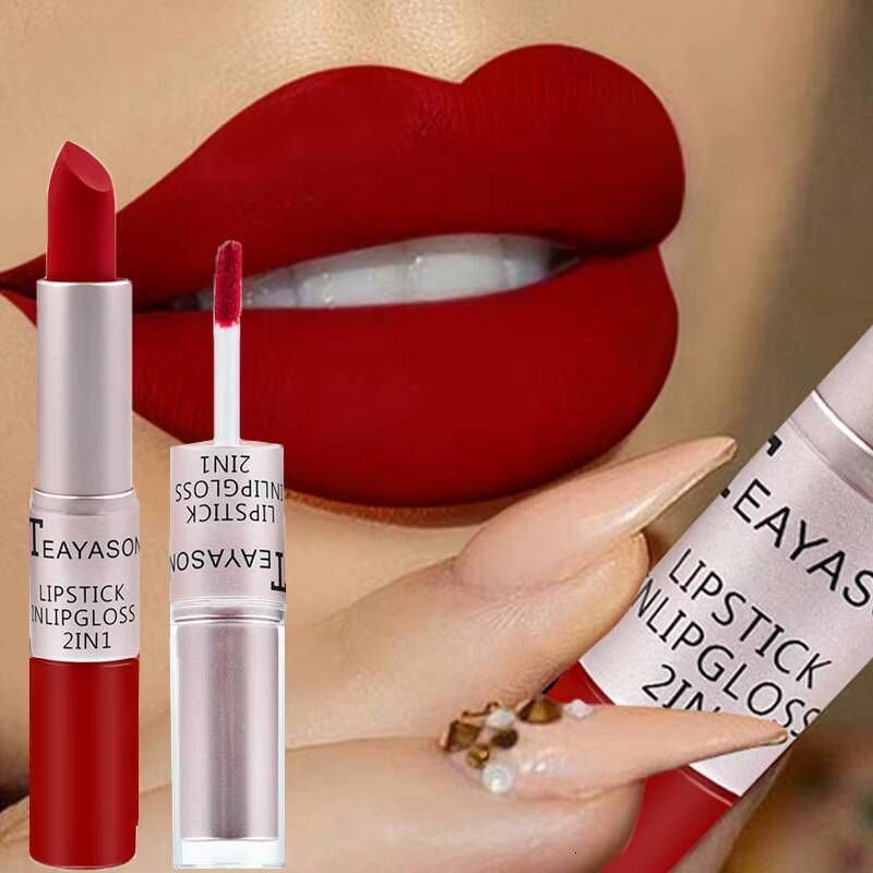 1Pc Long Lasting Velvet Double Head Non-stick Cup Lip Gloss Waterproof 2 in 1 Matte Red Lipstick Makeup happy