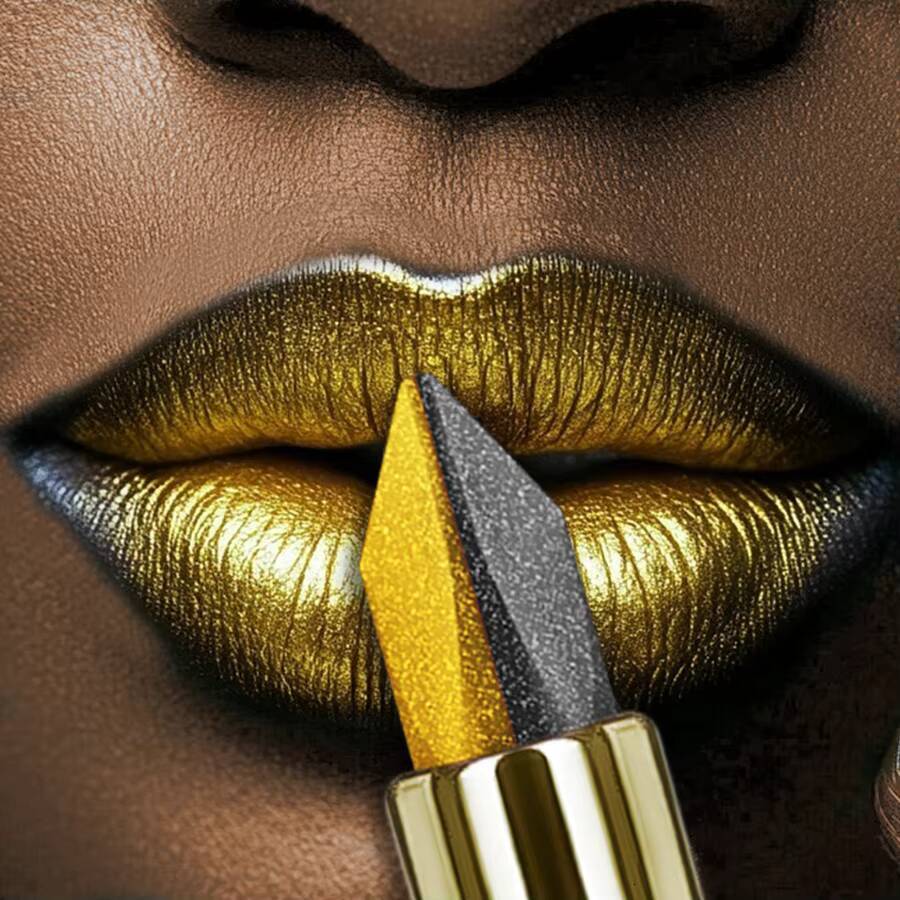 1pc Two-tone Color Glitter Non-stick Cup Matte Black&yellow Lip Makeup Diamond Lipstick or for Eye Shadow Gifts happy
