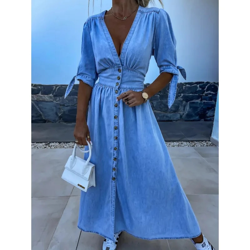 Spring Summer Womens Clothing Solid Color Fashion Sexy V-neck Long Single-Breasted Denim Dress 250609