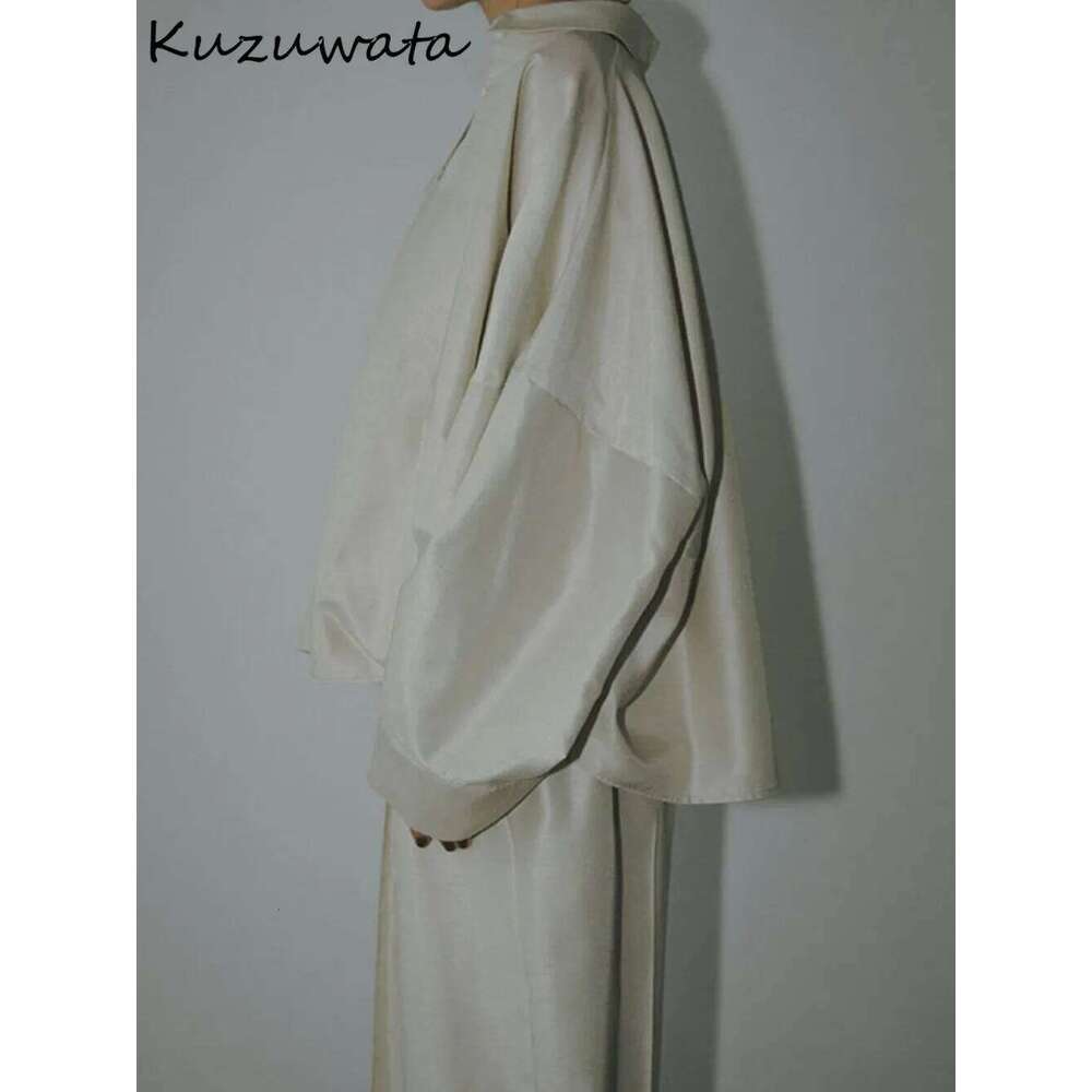 Kuzuwata Haruku Streetwear Turn-down Collar Loose Blusa Slim Lantern Sleeve Advanced Casual Crop Top Japan Profile Simple Tops