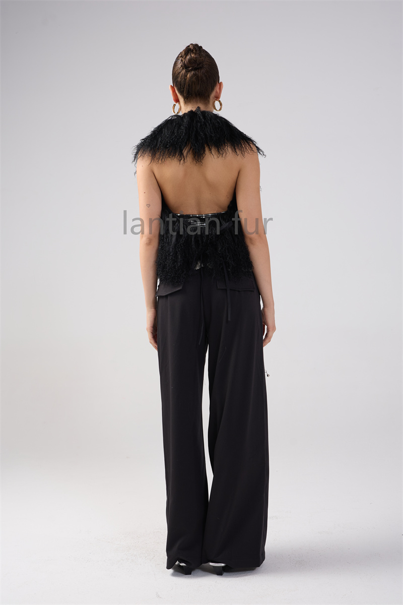 New Arrival Women's Real Mongolian Sheep Fur Halter Fashion Streetwear Spring Fur Vest Ladies Sheepskin Fur Tops