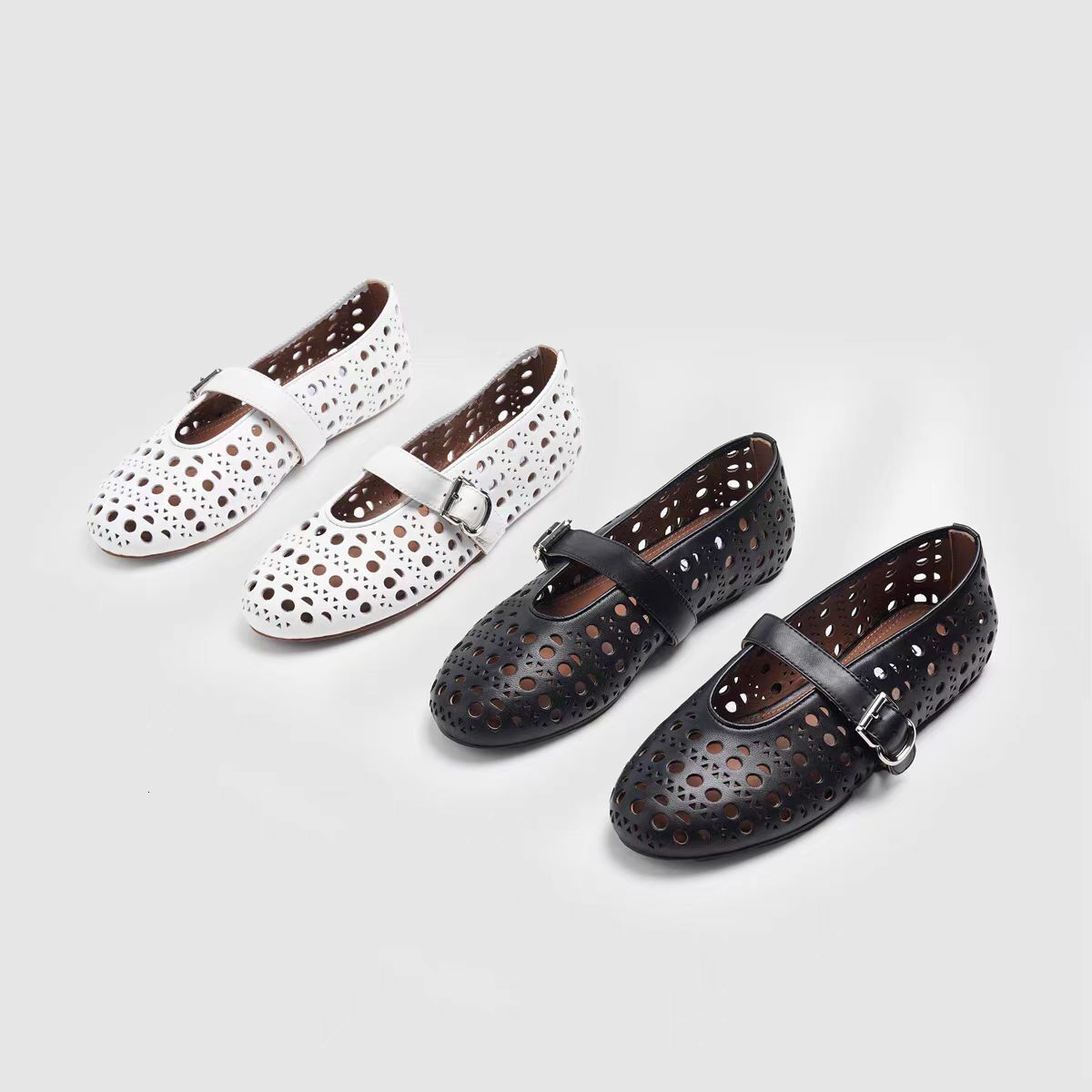 Ddmysheep Ddmysheep New Spring Summer Shallow Mouth Dance One Strap Hollow Round Toe Flat Niche Ballet Boat Shoes