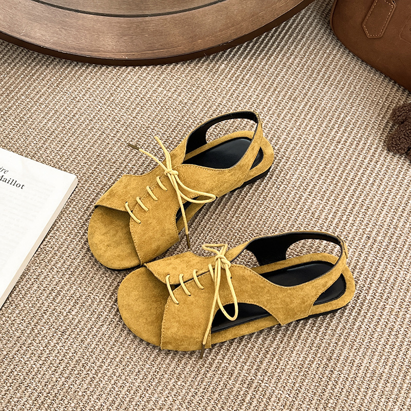 Ddmyoutdoor Summer New Open Toe Lace Up Women Soft Leather Versatile Square Strap Flat Sandals For Outdoor Wear Outdoor Shoes