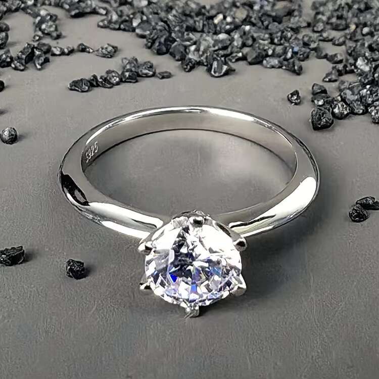 Factory Direct Sale Fine Jewelry Classic Rhodium Plated 925 Sterling Silver Round Brilliant Moissanite Ring for Women Wedding