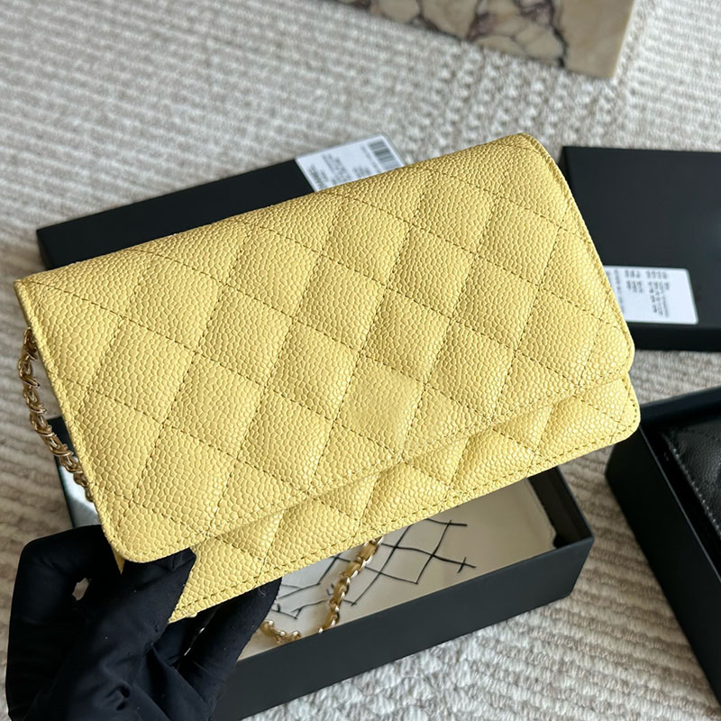 Ladies Designer Calfskin Mini Flap Bag Yellow Card Holders Wallet Caviar Leather Gold Hardware Matelasse Chain Luxury Clutch Handbag Cross Shoulder Purse 20x13cm