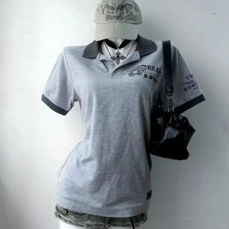 Y2K Harajuku Millennium Dressing Slim Womens Top American Retro Grey Printed Polo Neck Short Sleeve T-shirt Street Style 250614