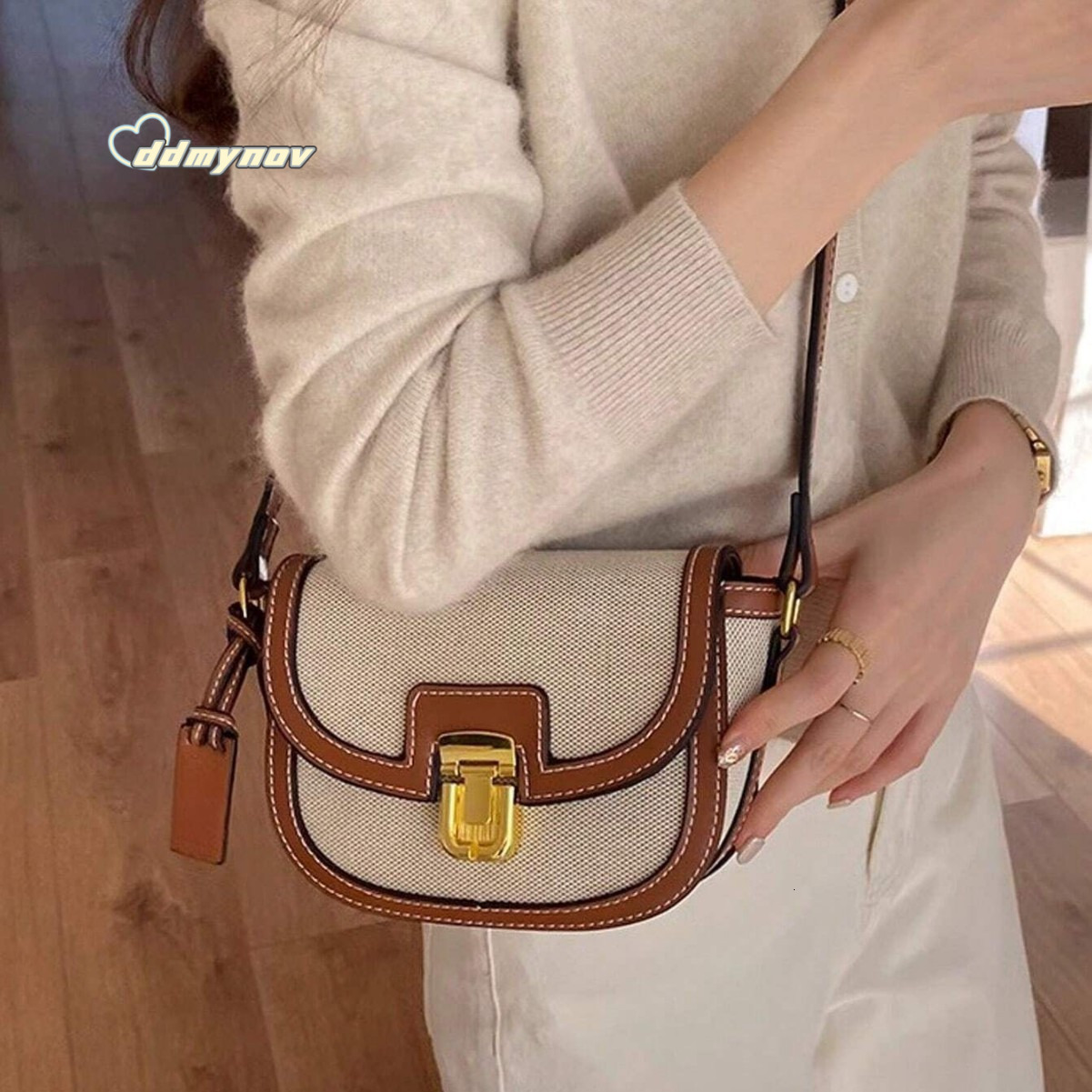 2025 New Spring Summer Beach Color Block Canvas Saddle Versatile Ins Style Shoulder Crossbody Bag ddmynov