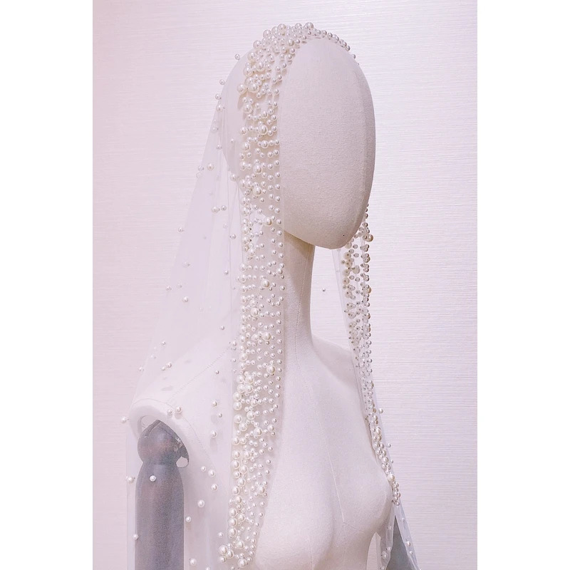 Romantic Trailing Cathedral Wedding Veil One-Layer Pearl Beading Headpiece 250603