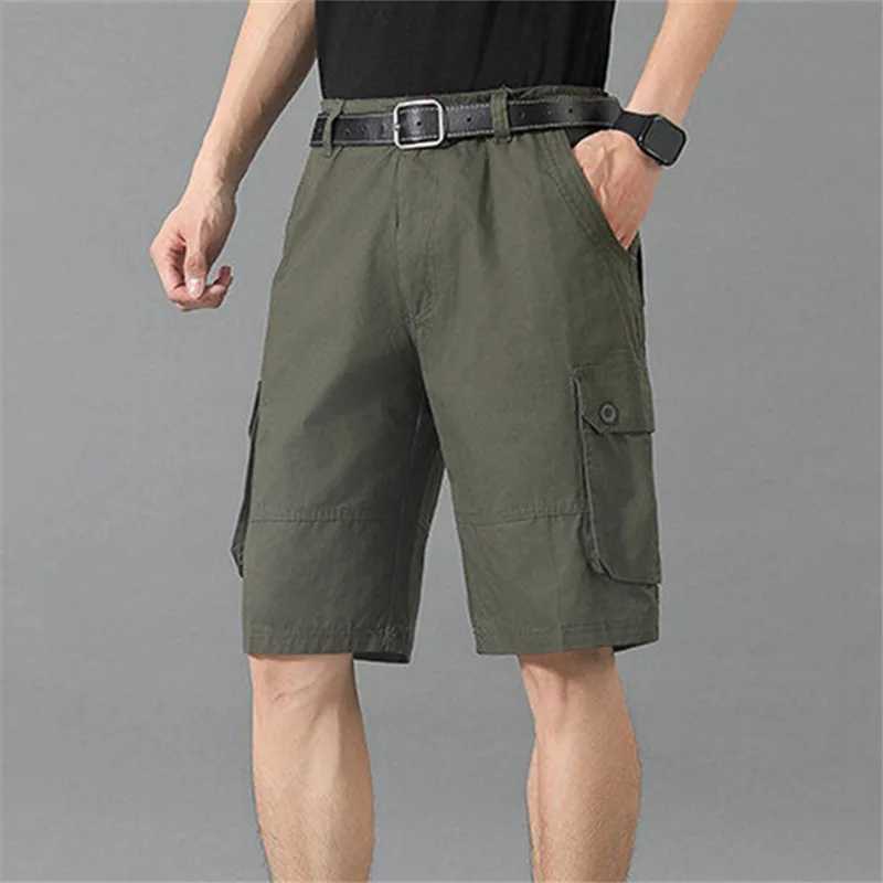 Summer Safari Style Casual Shorts Men Cotton Solid Color Multiple Pockets Cargo Shorts Mens Daily Loose Knee Length Plus Size W250614