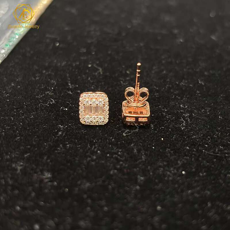Wholesale Jewelry Hip Hop Iced Out Classic 925 Silver Baguette Moissanite Stud Earrings for Men Women