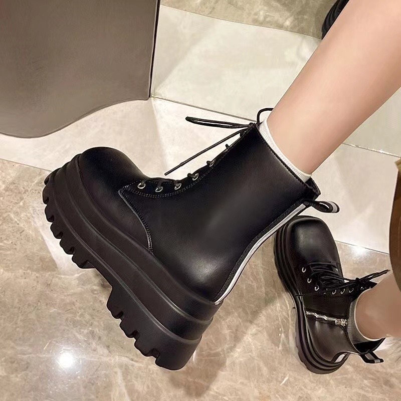 Ddmysports Trendy Girl Height Increasing Shoes New Model Slimming Thick Sole British Style Short Martin High Heel Motorcycle Boots Outdoor Shoes